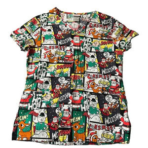 Rudolph The Red Nosed Reindeer Womens Comic Strip Christmas Holiday Scrub Top